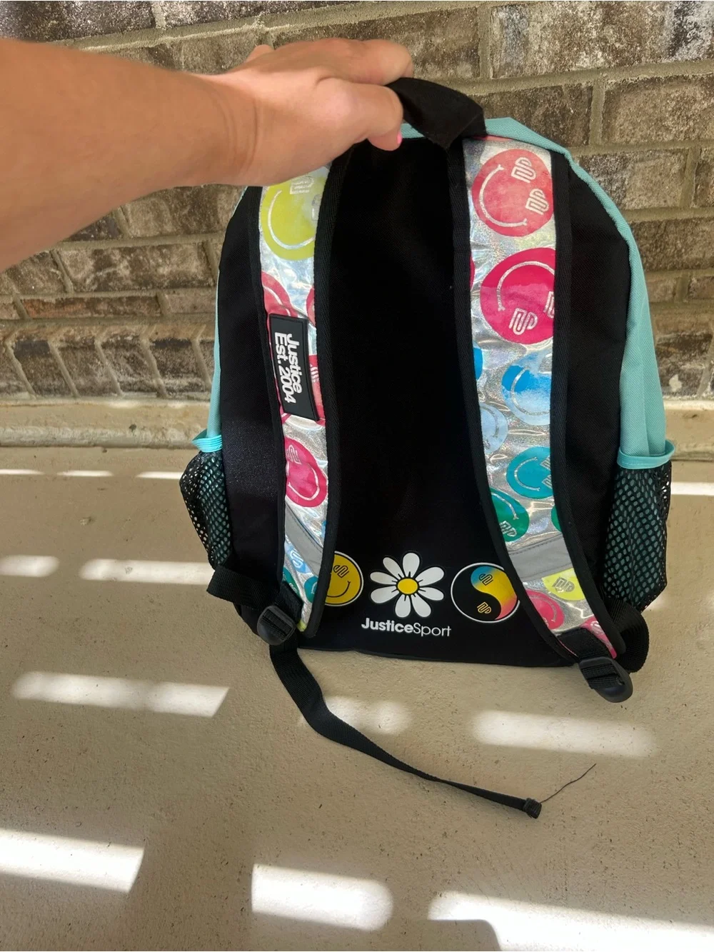 🤩 Justice Sport Smiley Face Daisy Backpack Turquoise Holographic School Bag